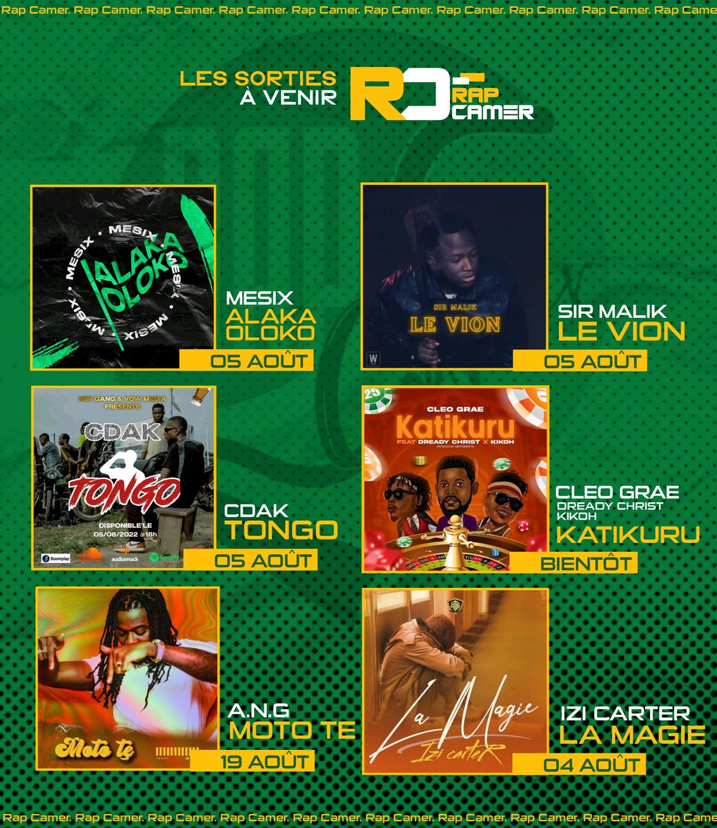 lerapcamer's tweet photo. 🇨🇲🔥 
Les sorties Rap Camer à venir !
MESIX Malik Cdak_officielle CLEO GRAE KIKOH Dready Christ A.N.G Izi Carter 

#RapCamer https://t.co/rJO34yKkFt
