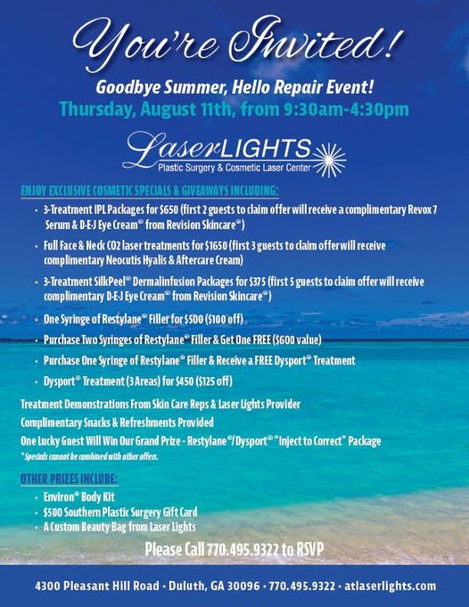 DrDavidWhiteman's tweet photo. You're invited to "Goodbye Summer, Hello Repair!"
This event will include exclusive treatment discounts, giveaways, and more at @AtLaserLights!

Call (770) 495-9322 to RSVP today! https://t.co/noBAH0EUGn