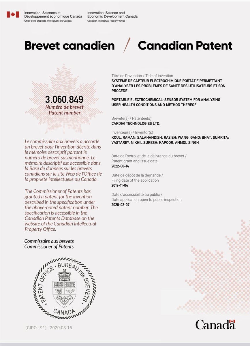 AnmolMD's tweet photo. We are proud to announce #CardiAI has received its 1st Canadian Patent &amp; looking forward to many more

Congratulations Team! 

We launched https://t.co/7Wy1utGeJF, an automatic, clinically validated 24 hr or longer BP Monitor w/automatic interpretations &amp; HL7 connectivity

#BPAro https://t.co/VxnM6Q2739
