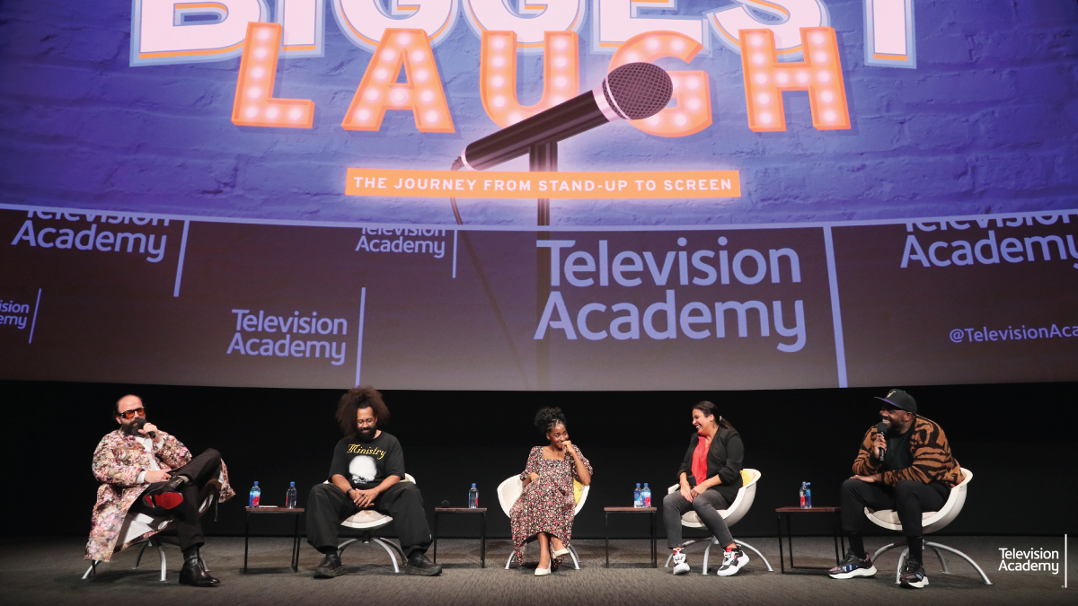 We had a blast at last night’s #TheBiggestLaugh: The Journey from Stand-Up to Screen! Thanks again to our panelists @ReggieWatts, @AyoEdebiri, @Cristela9, @RonFunches, and host @BrettGelman (and his amazing coat) for sharing their experiences transitioning from stand-up to TV. 🎤