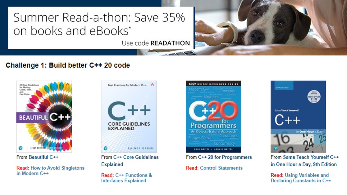 READ-A-THON CHALLENGE: read excerpts from our C++ 20 guides and share what you learned. Tag @informit w/ #lifelonglearning to be entered to win an eBook. 
See Read-a-thon page for details: ow.ly/Z3cz50K1JPn
<a href="/hatcat01/">@hatcat01.bsky.social</a> <a href="/gregcons/">Kate Gregory</a> <a href="/deitel/">Deitel</a> <a href="/rainer_grimm/">Rainer Grimm</a>