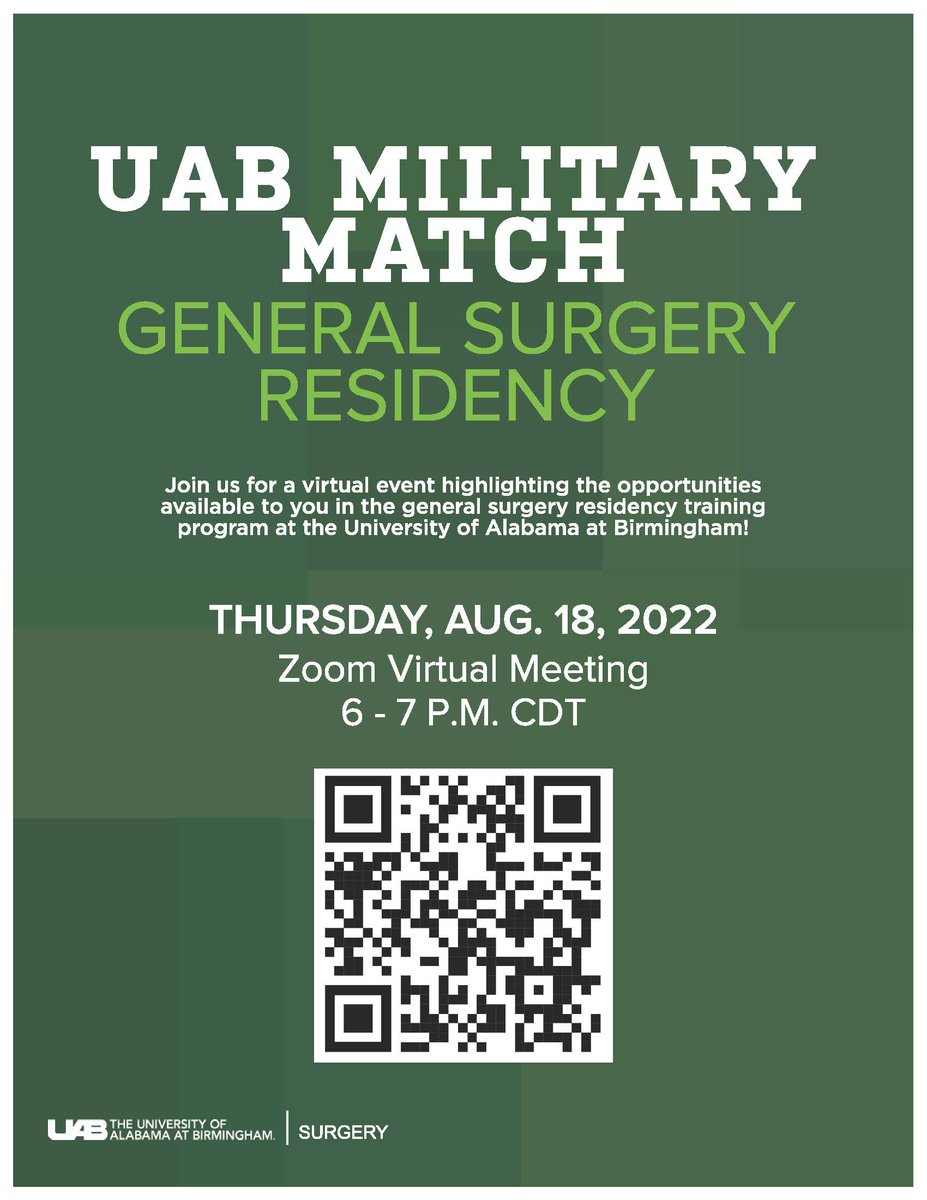 #USAF #Navy #Army #USMC HPSP students: Come learn more about our categorical residency spot aligned under the Air Force, Navy, Army, and United States Marine Corps. If you are applying in #GenSurgMatch2023 and are an #USAF #Navy #Army #USMC applicant, join us Aug. 18! <a href="/UABTrauma/">UABTrauma</a>