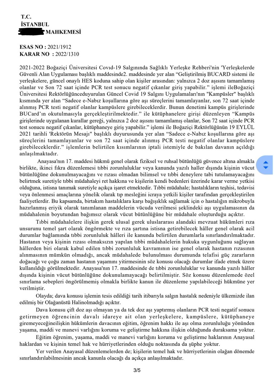 ozgurBoun's tweet photo. Boğaziçi Üniversitesi'nde kampüslere girebilmek için uygulanan aşı/pcr testi dayatmasına karşı açtığımız davada kesin sonuç açıklandı. Mahkeme bu dayatmanın hukuksuz olduğunu belirterek uygulamanın iptaline karar verdi. @UniBogazici @MNaciinci https://t.co/Ee7nJIJ1vp
