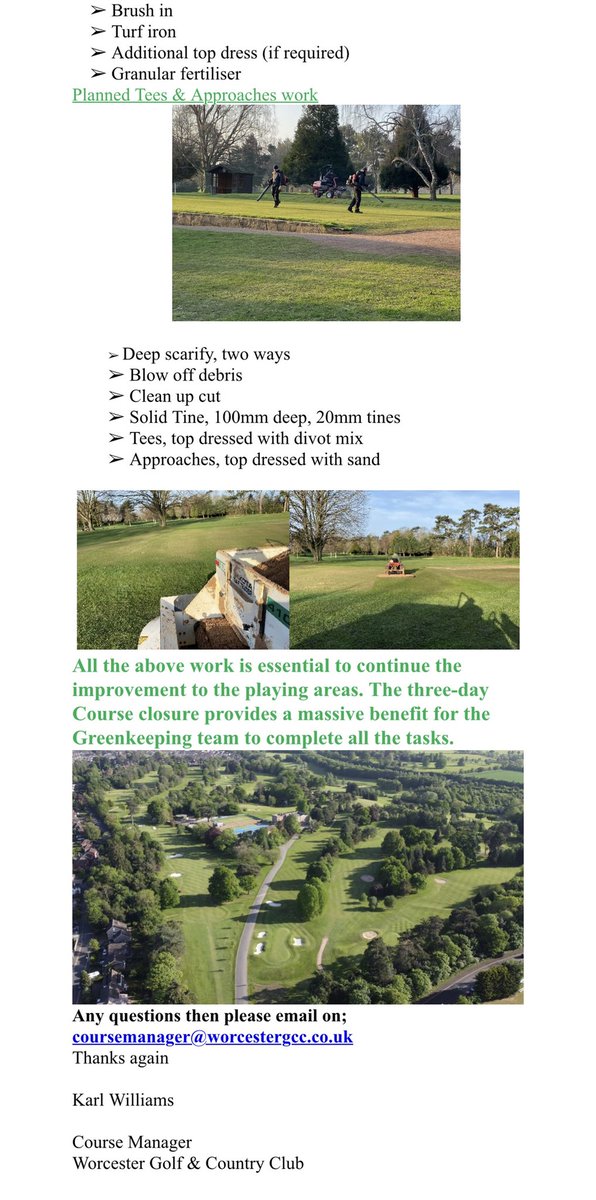 Course closure plan for next week. Volunteers welcome Mon-Wed around the course.