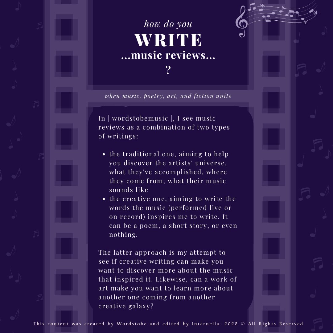 CryptoPoetry's tweet photo. Hey #CryptoCommunity 

Want to learn how @wordstobepoetry approaches #music #reviews?
 
| wordstobemusic | aims to help you discover the artists' universe through traditional reviews and creative writing (such as #poems and #stories) inspired by the music.

Minting on Friday 🥳🎶 https://t.co/cPoJj00cP5