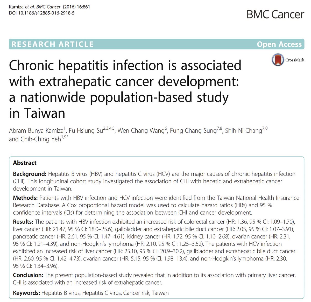 swang8's tweet image. There are other studies w similar findings of #HBV pts w higher rates of some nonhepatic #cancer. 
Here r 2 from #Taiwan and #China. 

#HepB viral integration leading to mutations might be culprit?
What do #LiverTwitter #Oncoalert #IDtwitter think?
#OncogenicVirus #HepCantWait