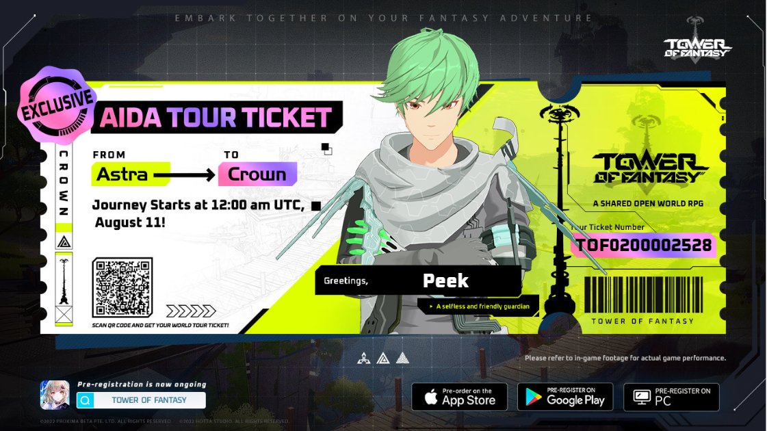Peeklul's tweet photo. Hey @BraveBear14 I got my Aida Tour Ticket for a fantasy journey! Just created my anime self and decide on my first destination on Planet Aida! 
https://t.co/aKEt6TF5Vm
Together to the fantasy world on August 11!
#ToF #TowerofFantasy #AidaTourTicket https://t.co/4UgkolPsDM
