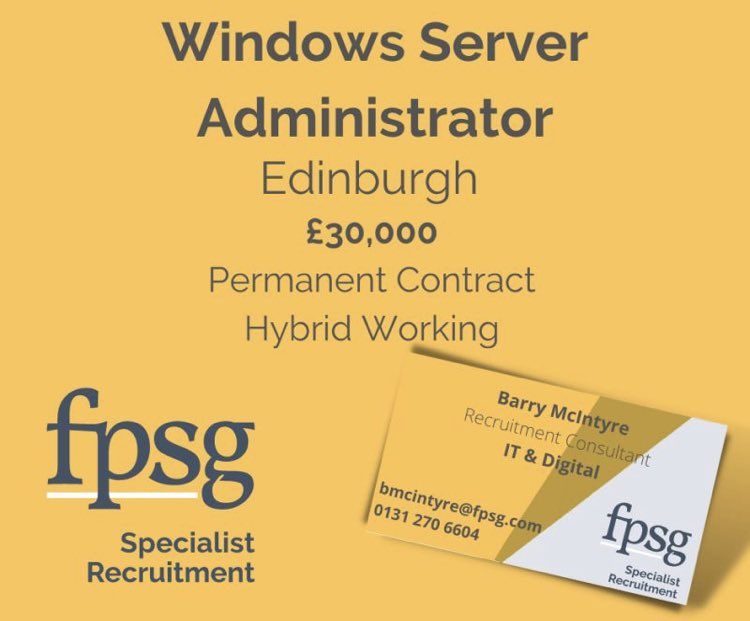 BMFPSG's tweet image. Windows Server Administrator
Edinburgh/Glasgow 
£30,000p.a

bmcintyre@fpsg.com
07514 315436 

fpsg.com/windows-server…

#IT_FPSG #WindowsAdministrator #ServerAdministrator #Edinburghjobs #Glasgowjobs #ITrecruitment #ITjobs