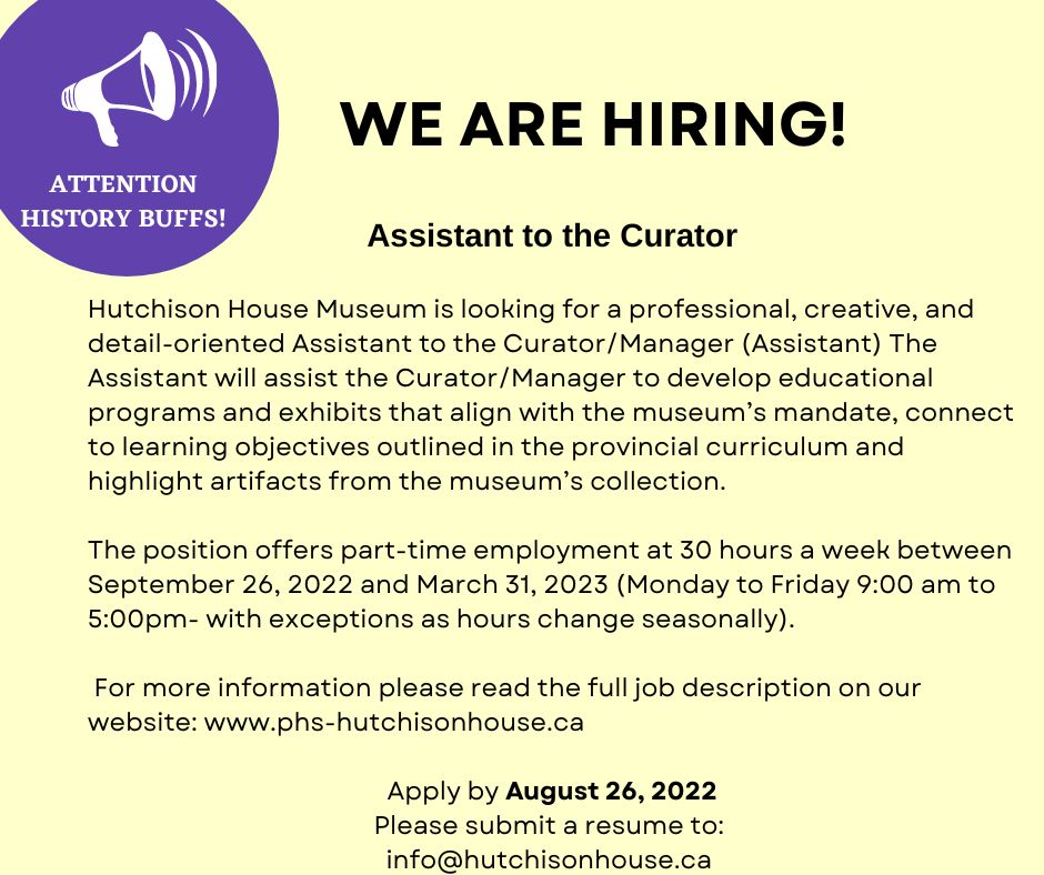 Join the Hutchison House Museum family with this fun new job opportunity. See our website for more details. #ptbo #livinghistorymuseums #heritagecareers