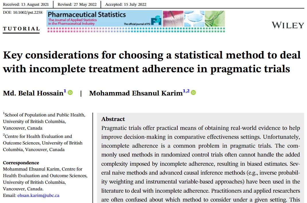 New article with @BelalAnik in Pharmaceutical Statistics @ubcspph @CHEOSNews @BCSUPPORTUnit @NSERC_CRSNG @HlthResearchBC point vs. sustained treatment #PatientOrientedResearch #PragmaticTrial #tutorial #CausalInference #Nonadherence #MethodsMatters doi.org/10.1002/pst.22…