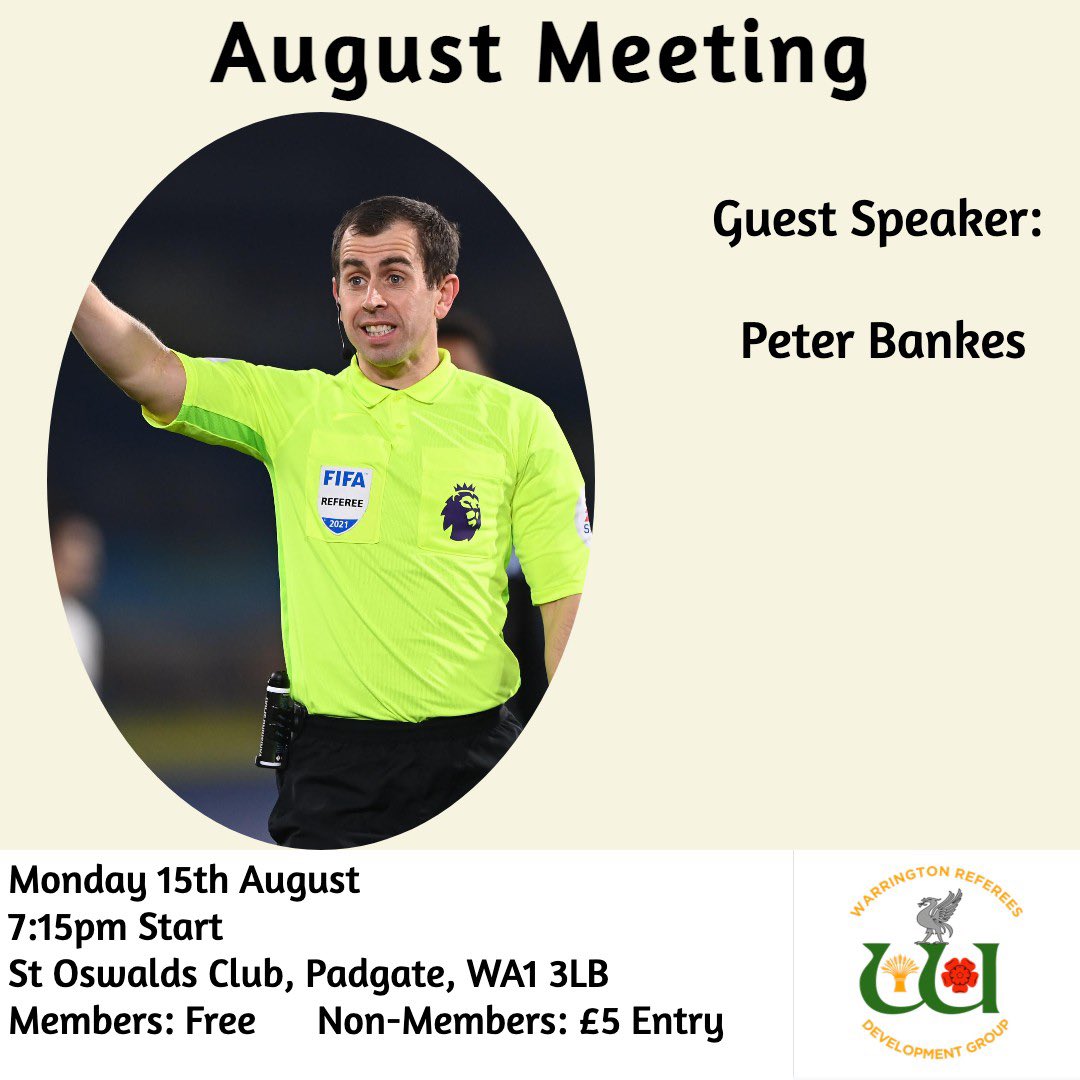 MEETING ANNOUNCEMENT🚨

Our first meeting of the season will be taking place on Monday 15th August, 7:15pm at St Oswalds Club in Padgate.

Our Guest Speaker will be FIFA &amp; Select Group Referee, Peter Bankes who will be delivering an interactive workshop on VAR📺
