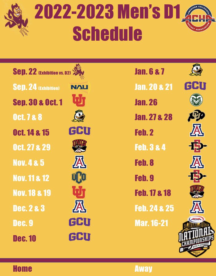 Sun Devil fans here is our official schedule for the 2022-2023 season! Home games will be played at both Oceanside Ice Arena and the new ASU Multi-Purpose Arena this year. More info on home games will be released soon!