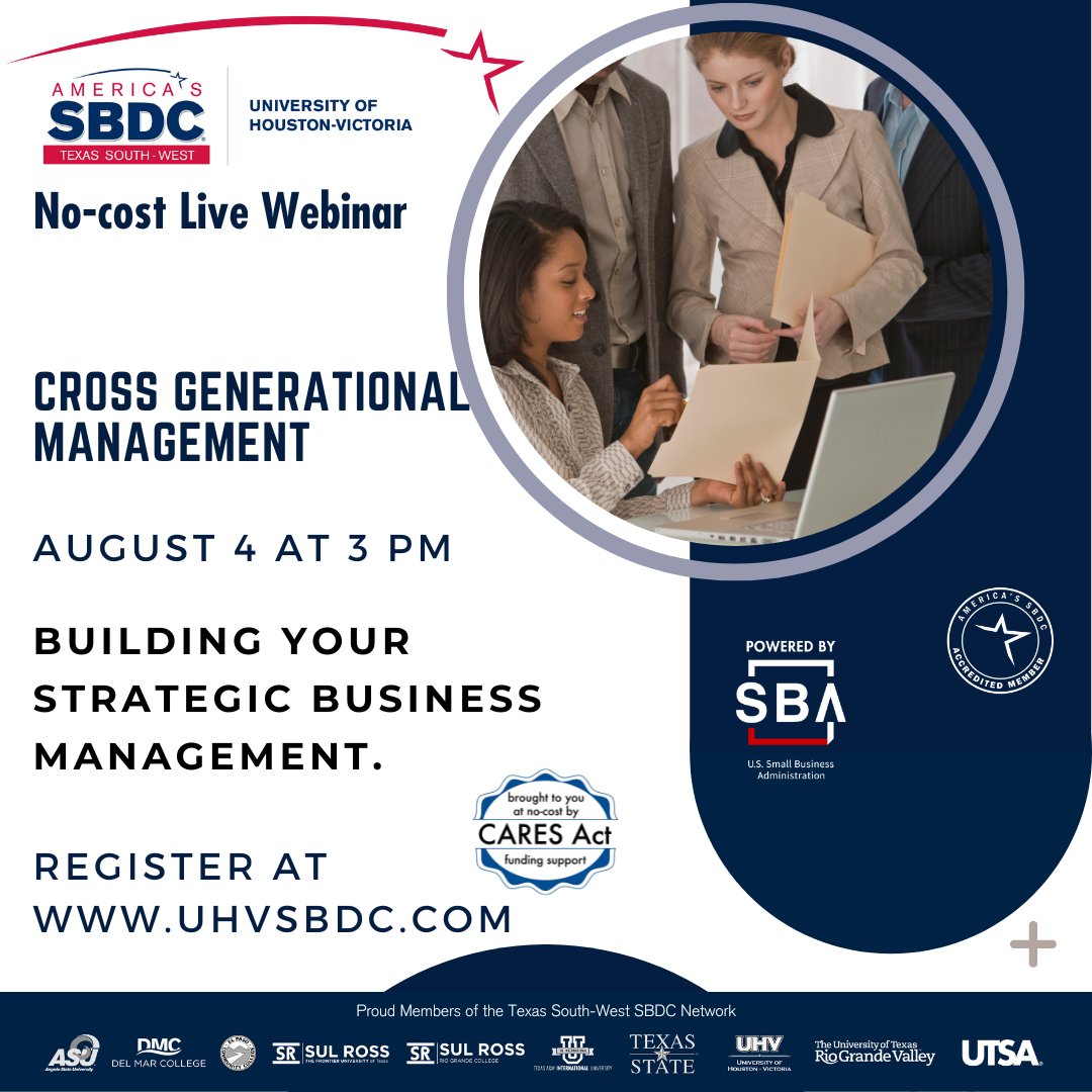 UHVictoriaSBDC's tweet photo. Strategic business management requires cross-generational management. No-cost webinar August 4 at 3 pm from Dr. Christopher Ardeuser, Owner of AGDA Consulting https://t.co/M0Zl7MMJzi #leadership #strategicmanagement #leader #livewebinar #buildleadership #leadershipskills https://t.co/cNZ5pTqU14