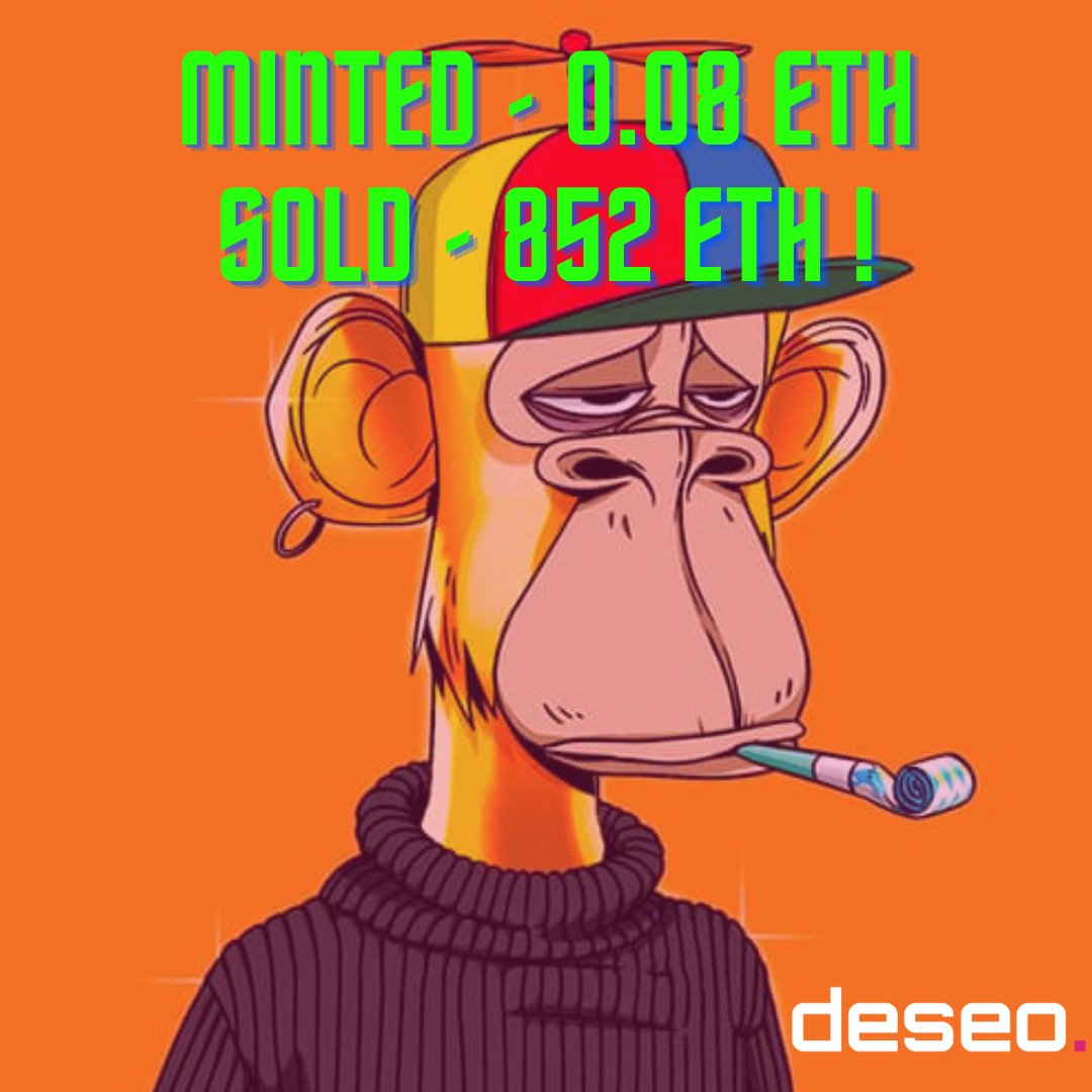 deseo_io's tweet photo. How much was the highest sale of the @BoredApeYC? 852 ETH which was over $3.4M at the time. It was sold on auction at @sothebys and the owner @j1mmyeth minted the Bored Ape for just 0.08 ETH. Over 10k% return on investment in less than half a year. Not bad. https://t.co/rqLaksiRpj