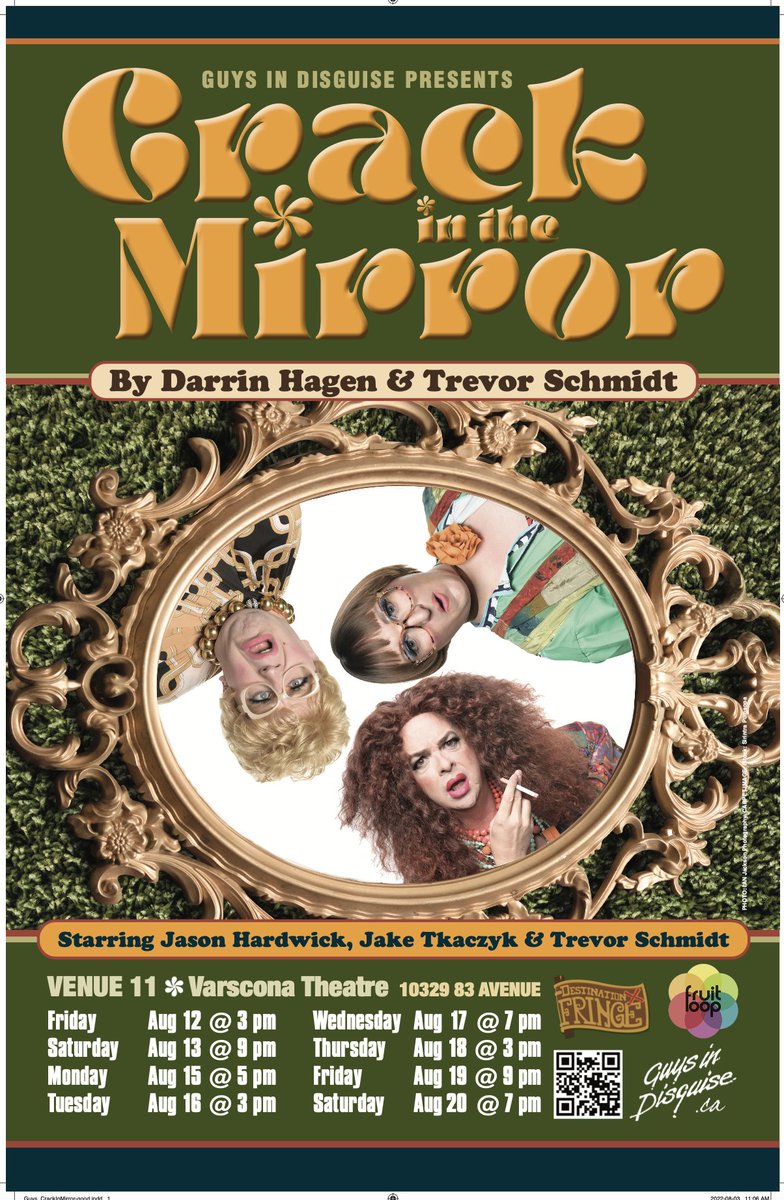 A brand new play for our 35th Anniversary:
"CRACK IN THE MIRROR" by Darrin Hagen &amp; Trevor Schmidt.

Featuring <a href="/trevorschmidt69/">Trevor Schmidt</a>,  <a href="/jdtkaczyk/">Jake Tkaczyk</a> &amp; <a href="/JasonJHardwick/">Jason</a> in their finest 1970's couture!

<a href="/edmontonfringe/">Edmonton Fringe</a> #yegfringe