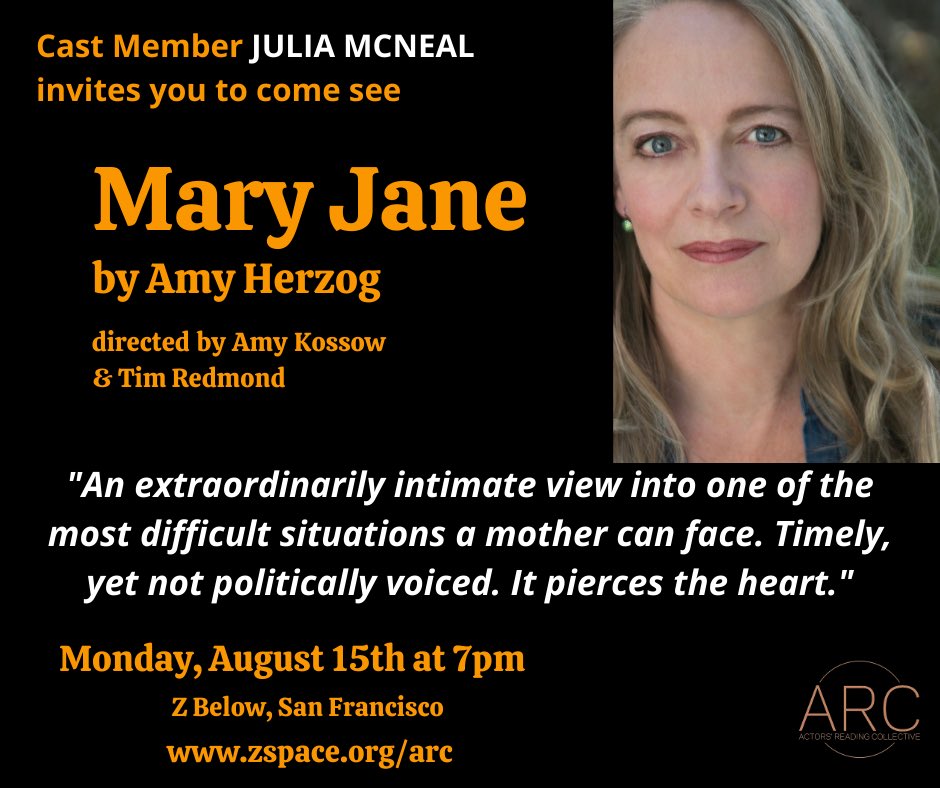<a href="/arc_sfbay/">Actors Reading Collective</a> presents a live reading of MARY JANE by Amy Herzog.  

🗓August 15 at 7p PST at <a href="/zspaceSF/">Z Space Theater</a> 

🎟 Learn more:  zspace.org/arc