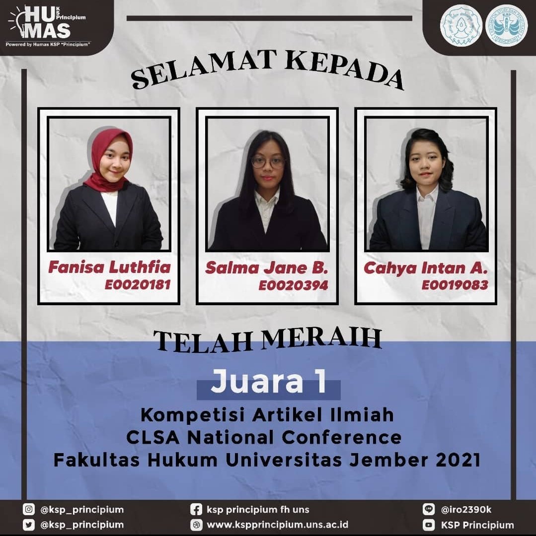 KSP_Principium's tweet photo. 📣*[PENGUMUMAN DELEGASI KSP PRINCIPIUM FH UNS]*📣

KSP "Principium" mengucapkan Selamat Kepada :
1. Cahya Intan Ayuningsekar
(E0019083)
2. Fanisa Luthfia Putri Erwanti (E0020181)
3. Salma Jane Benedicta (E0020394) https://t.co/my4IoDcfzw