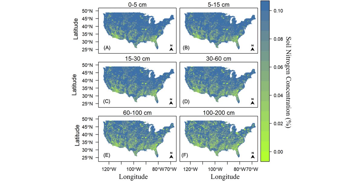 From our #MacrosystemsEcology track:

A new map of #SoilN concentrations, at varying depths and with uncertainty estimates, across the conterminous US

doi.org/10.1002/ecs2.4…

#Nitrogen #MachineLearning #OpenAccess #NSFFunded <a href="/NSF/">U.S. National Science Foundation</a> <a href="/vargaslab/">Rodrigo Vargas</a> <a href="/liztalksscience/">Elizabeth, PhD (she/her)</a>