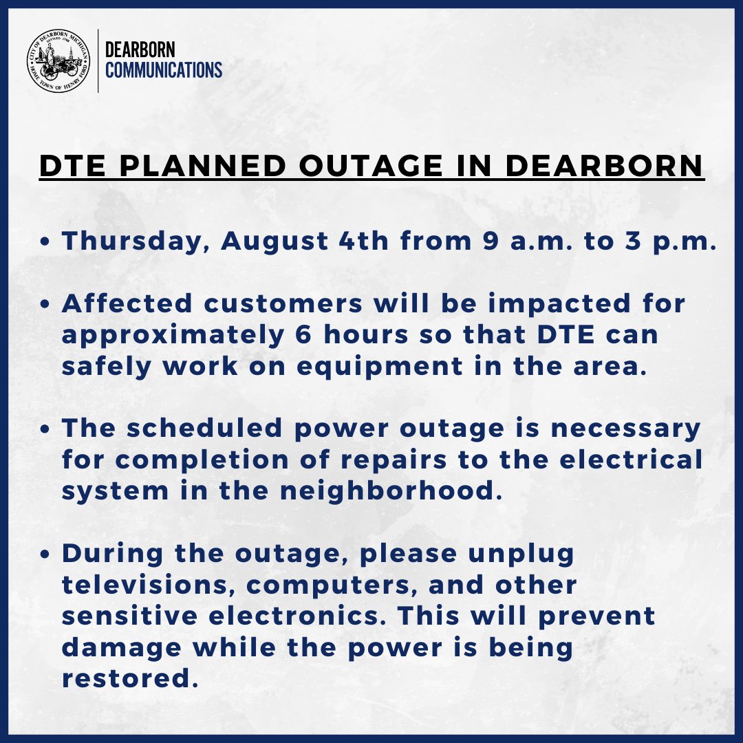 City of Dearborn MI on Twitter "Please be aware that a planned DTE