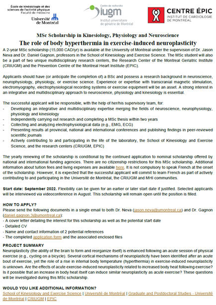 We are looking for a MSc student to investigate the role of body hyperthermia in exercise-induced neuroplasticity. Come join our team! See picture and link below for details. ResearchGate: researchgate.net/project/The-ro…
Feel free to message me if you have questions.
