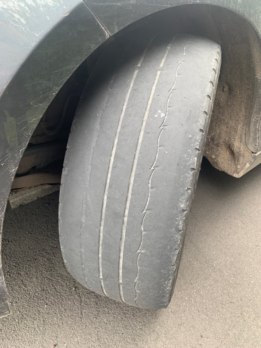 LancsRoadPolice's tweet photo. In Blackpool this car was stop checked. Front tyres below legal tread depth. The driver’s response “It’s just been MOT’d and the tyres were ‘only’ an advisory” They were an advisory … when it was tested 4,000 miles ago in April. Driver reported #Team4TacOps #ForceOps #TyreSafe https://t.co/JQlYoLa94Q