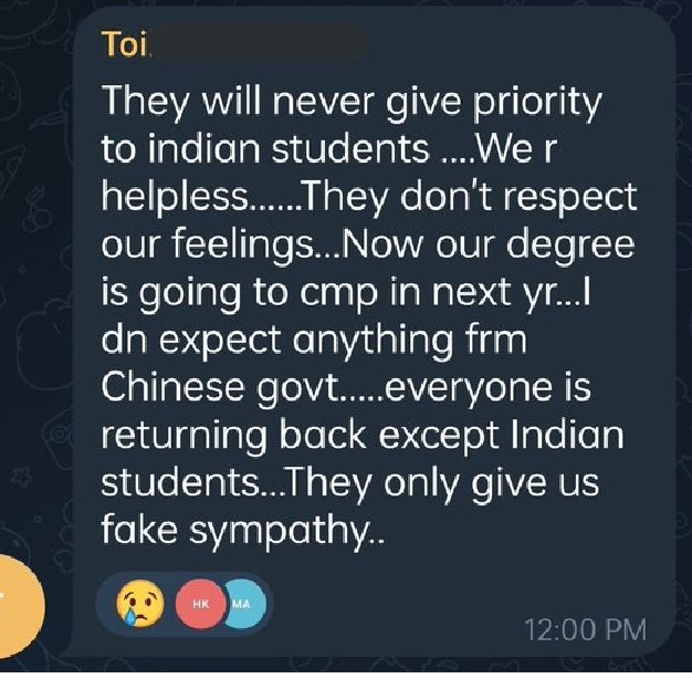 VaradarajanJan1's tweet photo. @ChinaSpox_India #XiJinpingresumestudentsvisaforindians #TakeUsBackToChina  D🌎 doesn't show any partiality between students except🇨🇳12k indian👩‍🎓 future is❓ 2.7yrs of suffering still being a rep of🇨🇳👩‍🎓who trusted 🇨🇳 r made 2😭 4their return Is this CPC ❓ do v deserve this 4 trusting 🇨🇳 https://t.co/VsUM1mjhBv