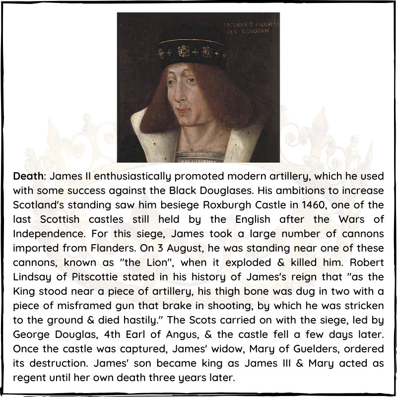 BritishHistorym's tweet image. #otd 3 August 1460 – James II died (b. 1430)

He was King of Scots from 1437 until his death in 1460 when one of his canons exploded and killed him.

#JamesII #KingofScots #royalhistory