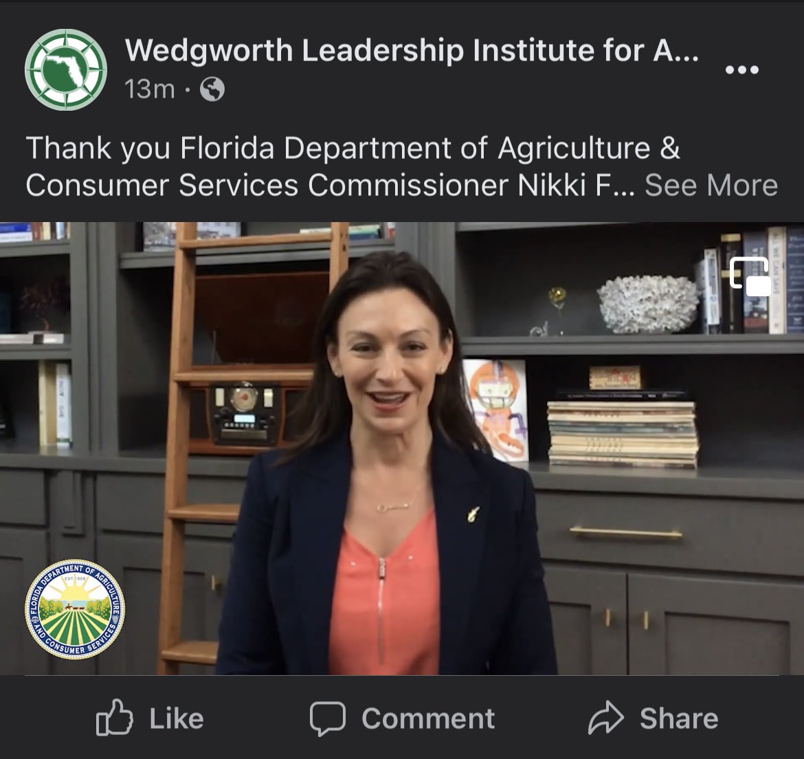 Thanks for the shout out <a href="/NikkiFriedFL/">Commissioner Nikki Fried</a>! Check out Commissioner Fried’s message celebrating the 30 year anniversary of WLI: fb.watch/eGyYHcb9xW/ <a href="/FDACS/">Florida Dept. of Agriculture & Consumer Services</a>