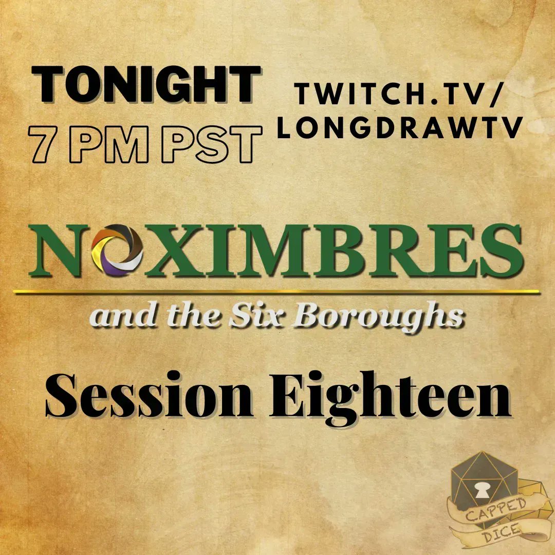 CappedDice's tweet photo. Did you miss us? Time for a good ol' family reunion. Join us tonight at 7 PM PST on Twitch!
.
.
#NoximbresDND #NATSB #cappeddice #dungeonsanddragons #dnd #homebrew #tabletoprpg #ttrpg #ttrpgfamily #twitch #twitchstreamer #heroforge #roll20 #dndbeyond https://t.co/q08KabbIN1