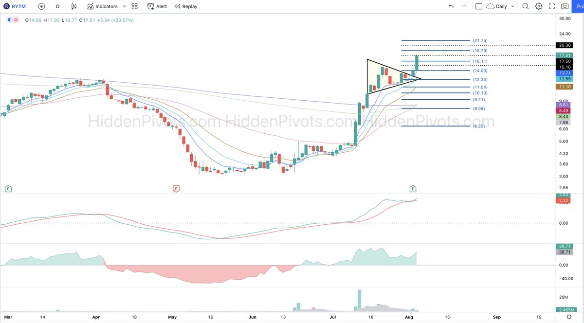 HiddenPivots's tweet image. $RYTM daily ⬆️ Solid bull pennant breakout from our HP $14 trigger long setup.
#HPchartroom