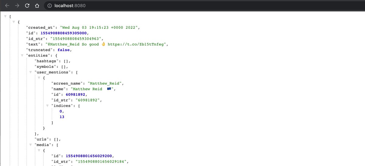 browser window showing a JSON array of tweets