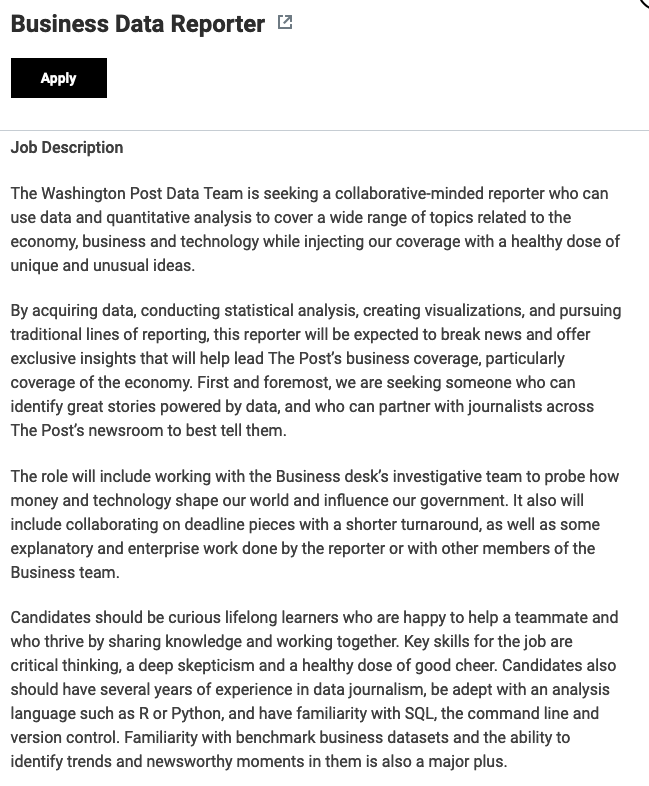 dataeditor's tweet photo. we're hiring for ANOTHER new job on the data team at @washingtonpost, this time a business data reporter! work with me! https://t.co/uolc550hWp https://t.co/3AiK92Pc1A