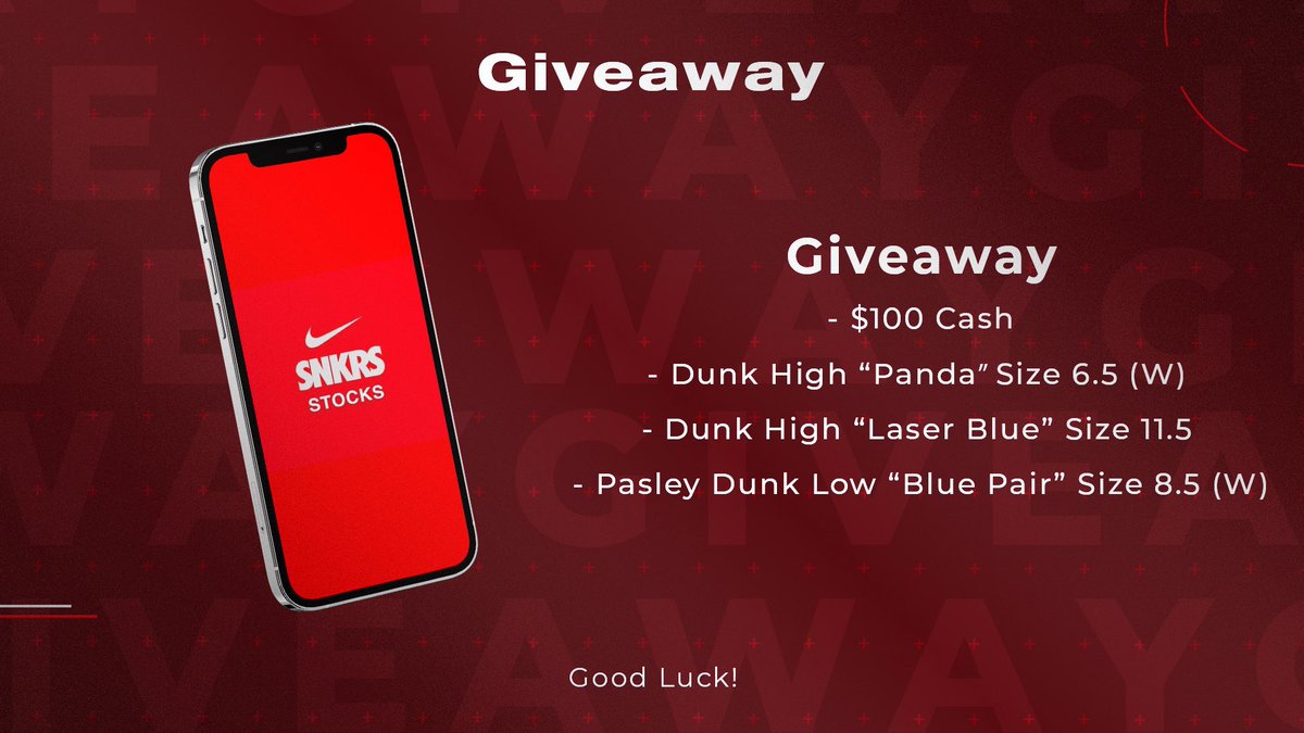 SNKRS STOCK (@snkrsstock) on Twitter photo ๐จ MASSIVE GIVEAWAY ๐จ
We're teaming up with Profit Lounge to giveaway $100 CASH & a few dunks!
To enter:
1. Follow <a href="/profit_lounge/">Profit Lounge</a> & <a href="/SnkrsStock/">SNKRS STOCK</a>
2. Like & Retweet!๐ค
Ends in 1 week!โณ ๐จ MASSIVE GIVEAWAY ๐จ
We're teaming up with Profit Lounge to giveaway $100 CASH & a few dunks!
To enter:
1. Follow <a href="/profit_lounge/">Profit Lounge</a> & <a href="/SnkrsStock/">SNKRS STOCK</a>
2. Like & Retweet!๐ค
Ends in 1 week!โณ