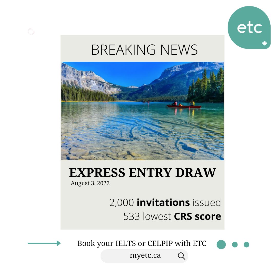 englishtesting's tweet photo. #BREAKING: Canada just held an all-program Express Entry draw, inviting 2,000 candidates to apply for permanent residence. Book your IELTS or CELPIP with ETC!
#expressentry #canadaimmigration #languagetest #celpip #ielts #britishcouncil #ieltstest #englishtestingcanada https://t.co/BBPrJ8m10P