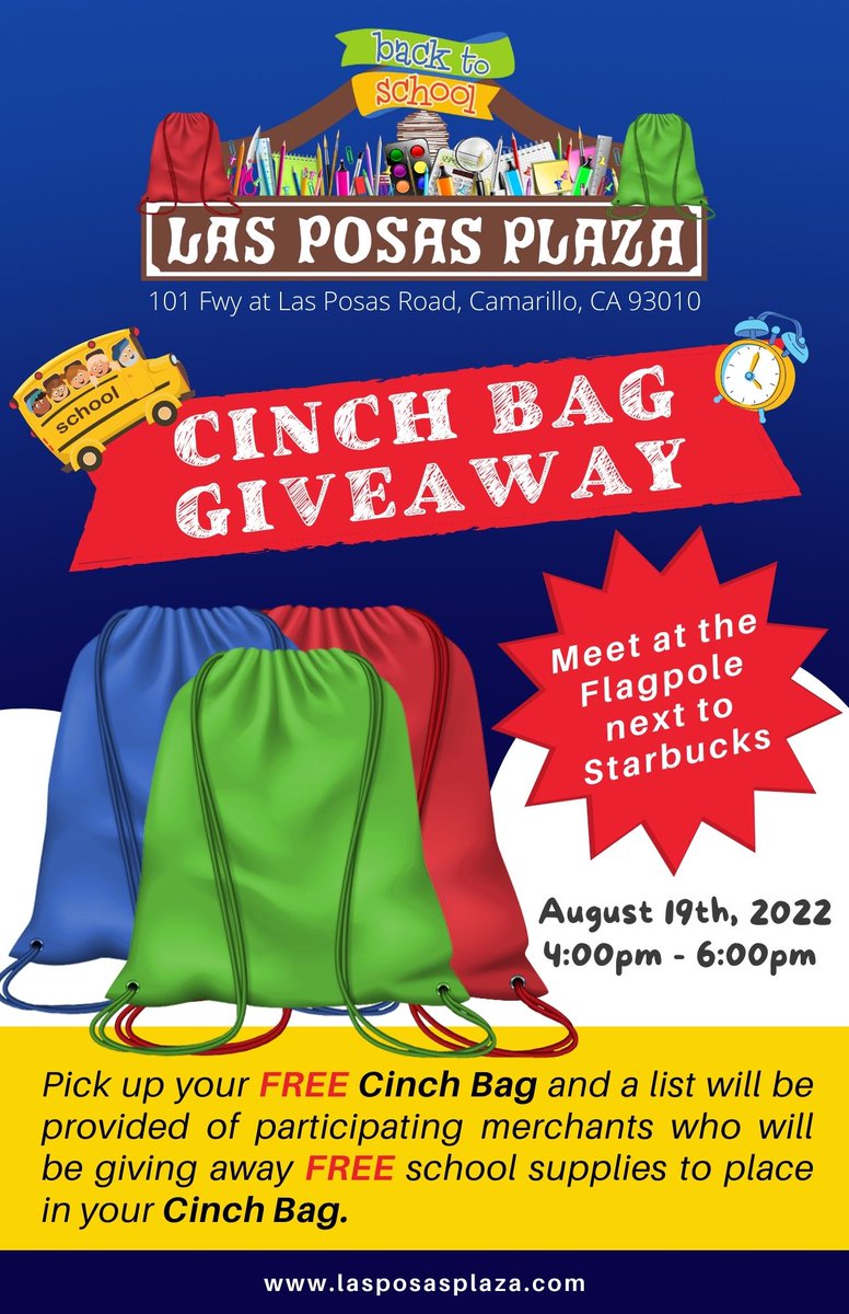 PosasLas's tweet image. It's that time again. We will be having a #BacktoSchool  Cinch Bag #Giveaway at the Las Posas Plaza. Meet us at the Flagpole next to #Starbucks on August 19 from 4:00pm to 6:00pm. We will be providing a list of merchants who will be participating. lasposasplaza.com