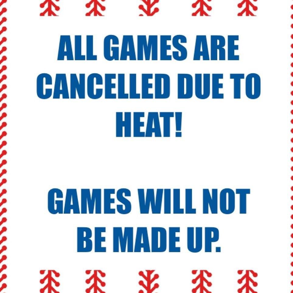LacsaintclairLL's tweet photo. Due to heat all games are cancelled tonight! https://t.co/2qgYgJ5ceY