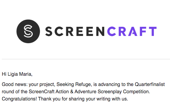Maria Rojas (@mariastorrsr) on Twitter photo We are very excited to announce that Our Tv Pilot script, SEEKING REFUGE, is a Quarterfinalist at the ScreenCraft Action & Adventure Screenplay Competition. We are looking forward to the next round! <a href="/screencrafting/">ScreenCraft</a> #screenwriting #Screenwriters We are very excited to announce that Our Tv Pilot script, SEEKING REFUGE, is a Quarterfinalist at the ScreenCraft Action & Adventure Screenplay Competition. We are looking forward to the next round! <a href="/screencrafting/">ScreenCraft</a> #screenwriting #Screenwriters