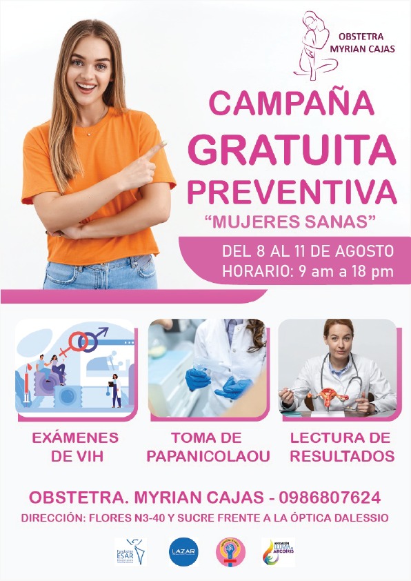 <a href="/allda_ec/">Asociación Lluvia De Arcoíris - Allda</a> Nos unimos para esta maravillosa causa. 

Pruebas gratuitas de VIH  y Papanicolaou. 

Del 08 al 11 de Agosto.

Jornadas por Mujeres sanas.