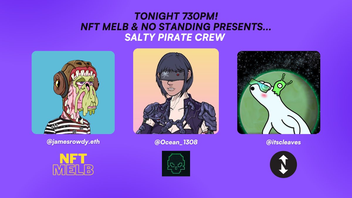 Tonight 7:30PM!!

Myself and…
<a href="/itscleaves/">cleaves</a> from <a href="/NoStanding_/">No Standing ♦️</a> 
Are hosting a Twitter Spaces with the legend <a href="/Ocean_1308/">Ocean 🏴‍☠️ 🇦🇺</a> from <a href="/SaltyPirateCrew/">Salty Pirate Crew</a> 🏴‍☠️

You don’t want to miss this one!

x.com/i/spaces/1yNGa…
