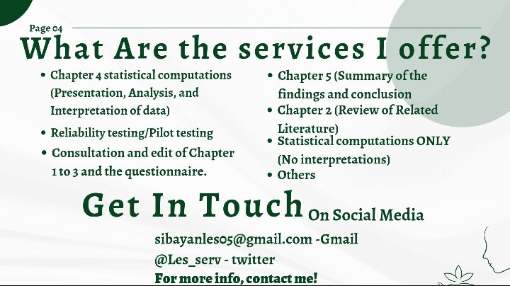 Les_serv's tweet photo. Hi Everyone! 👋🏼

I am Leslie, your 4th Year BS Statistics - Freelance Thesis Consultant! I am now accepting clients! 🟢 

If you have any inquiries, please feel free to dm me 📥

Tags: Statistics, data analysis, statistician, lf client, thesis, research, SPSS, PSPP, Excel, others https://t.co/mqSKzqTtFp