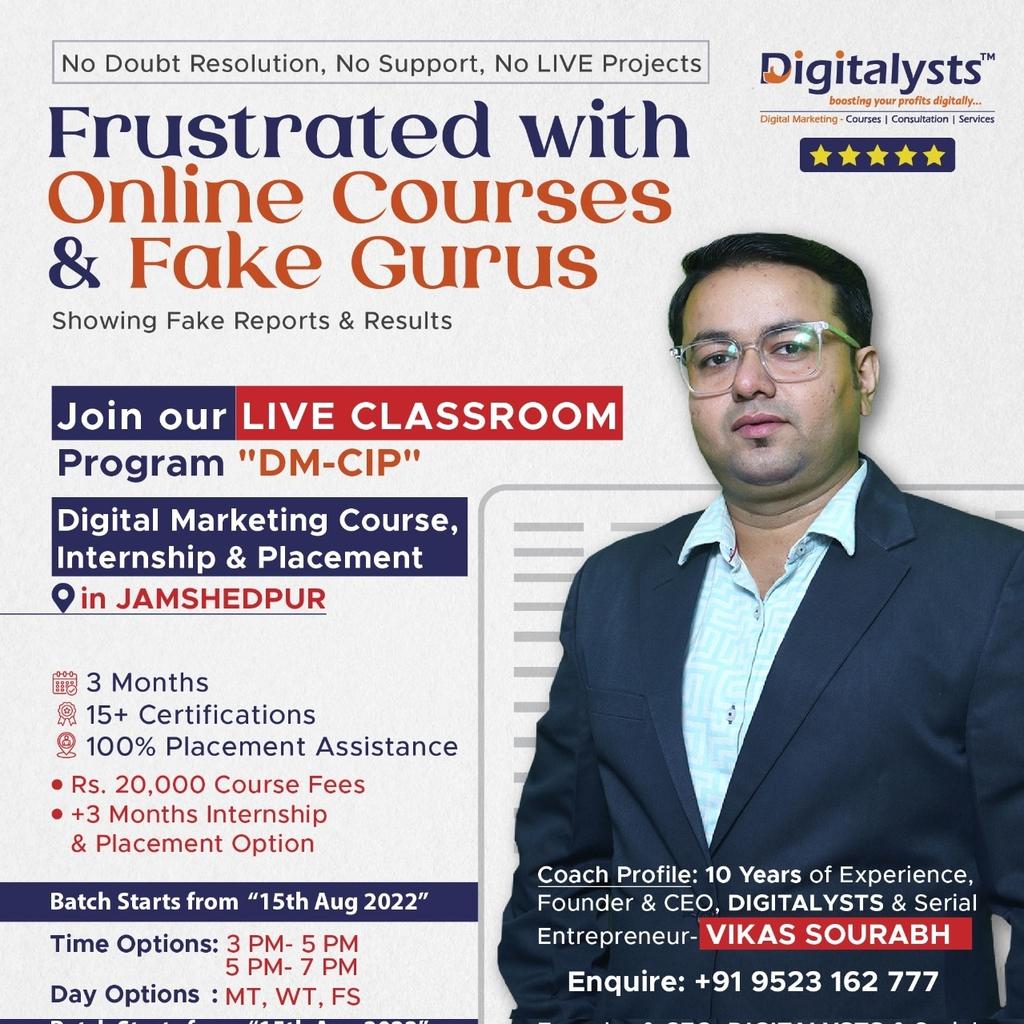 viksour77's tweet photo. Good Morning!

Starting a New Batch of LIVE CLASSROOM Program in DIGITAL MARKETING on 15th Aug'22, for the people who are looking to learn everything LIVE and do get Practical Exposure by working with Corporate Clients!

Anyone can connect me on Call/WhatsApp on +91 9523 162 777 https://t.co/5bzXj5UiqE