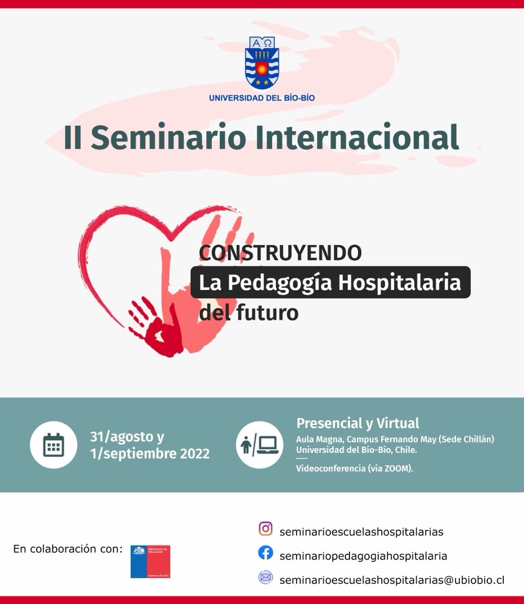 lic_jen's tweet photo. II Seminario Internacional: Construyendo la #PedagogíaHospitalaria del futuro 

Act Presencial y virtual

📆 Agosto 31 y Sept 1

📍 Inscripción https://t.co/sCq8SqCXAp

Actividad gratuita y certificada

Los esperamos!

#MaestrosHospitalarios
#AulasHospitalarias
#ClasseHospitalar https://t.co/Pw0pkBFORp