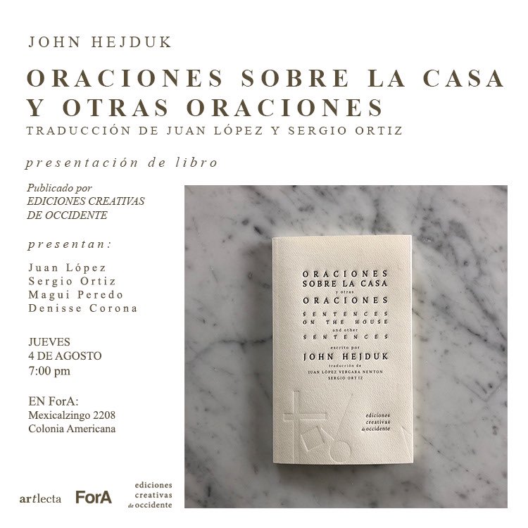 Mañana estaremos en ForA para la presentación de “Oraciones sobre la casa y otras oraciones”, de John Hejduk, publicado con la traducción de Juan López y <a href="/Ortizovich/">SERGIO ORTIZ</a> .

Participan los traductores, Magui Peredo (<a href="/maciasperedo/">EMP</a>) y Denisse Corona.
Entrada libre

#Hejduk #JohnHejduk