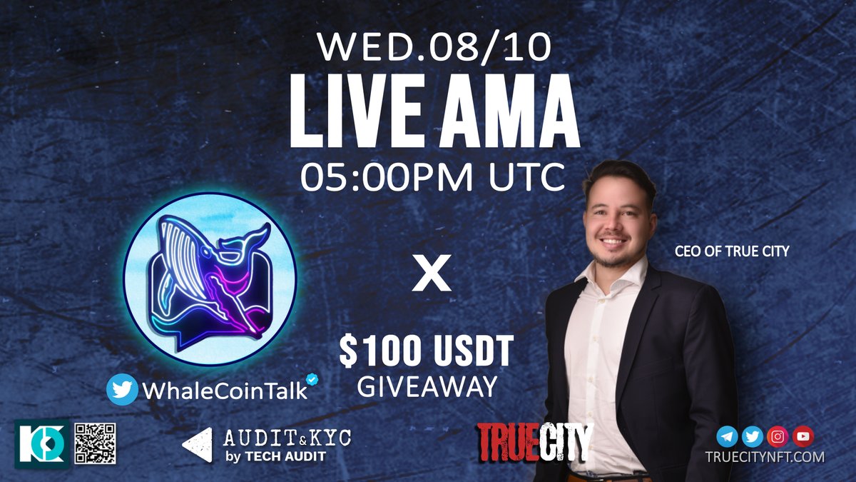 True City NFT (@truecitynft) on Twitter photo 🔥 We are so happy to announce our AMA with Whale Coin Talks.📣It's a premium community of expert investors. Partner of Gempad, Solidproof, DxSale and more.
Media:
🗨t.me/whalecointalk
<a href="/WhaleCoinTalk/">Whale Coin Talk</a>
🏆 REWARDS for Listeners:
100USDT after the AMA in our Telegram group. 🔥 We are so happy to announce our AMA with Whale Coin Talks.📣It's a premium community of expert investors. Partner of Gempad, Solidproof, DxSale and more.
Media:
🗨t.me/whalecointalk
<a href="/WhaleCoinTalk/">Whale Coin Talk</a>
🏆 REWARDS for Listeners:
100USDT after the AMA in our Telegram group.