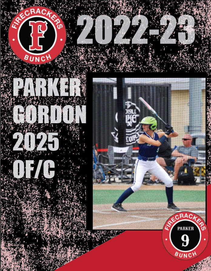 Firecrackers welcomes back Parker Gordon for her 2nd season with Coach Bunch. As part of the “No fly zone” she owns the outfield taking away hits &amp; stops runners with her strong arm. On offense she has elite speed and the power to put the ball over the fence. <a href="/ParkerGordon09/">Parker Gordon</a>