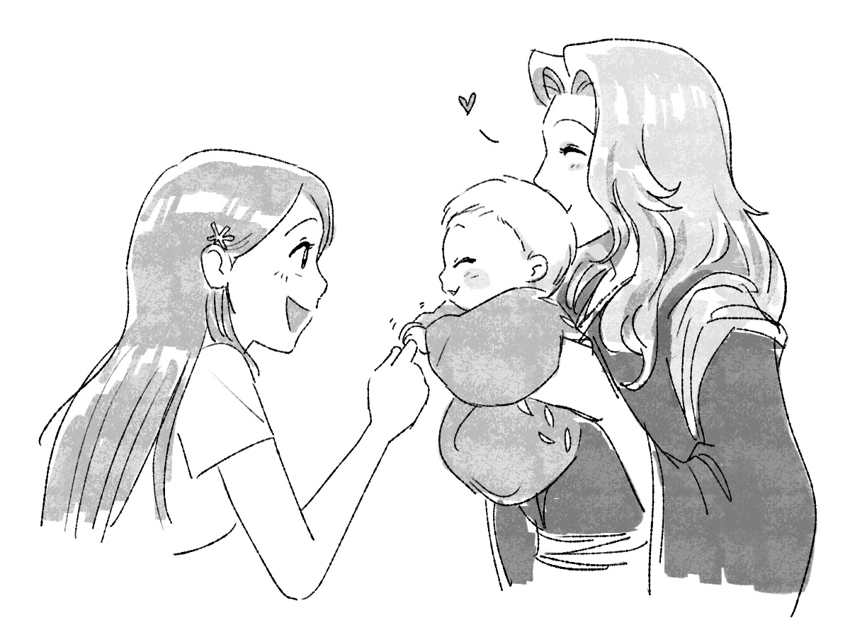 kakibean's tweet photo. *comes back w/ another ginran baby content after 84 years*

Rangiku excitedly introducing her baby to Orihime + Gin w/ his newborn baby 🥺 #bleach #ginran https://t.co/wVx2rYzWgs