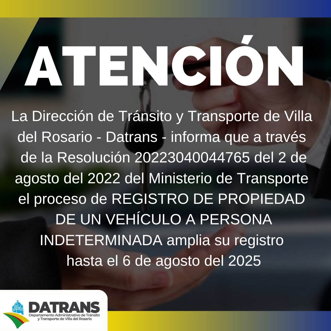 DATRANS_VR's tweet photo. #Atención Se amplia el plazo del proceso de Registro de Propiedad de un Vehículo a Persona Indeterminada 🚘🛵 https://t.co/TvH5LNEM7Z