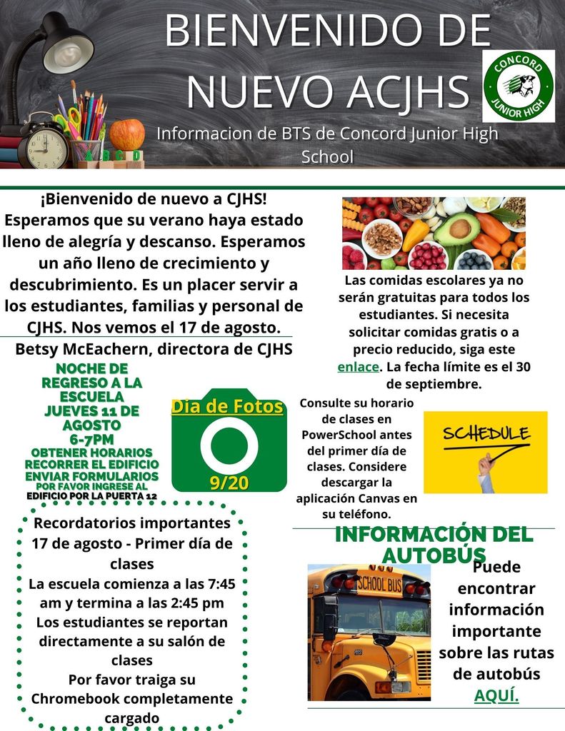 ConcordJH's tweet photo. 22-23 CJHS Back to School Information/22-23 CJHS Información de regreso a la escuela https://t.co/qmyiWOkzlE
