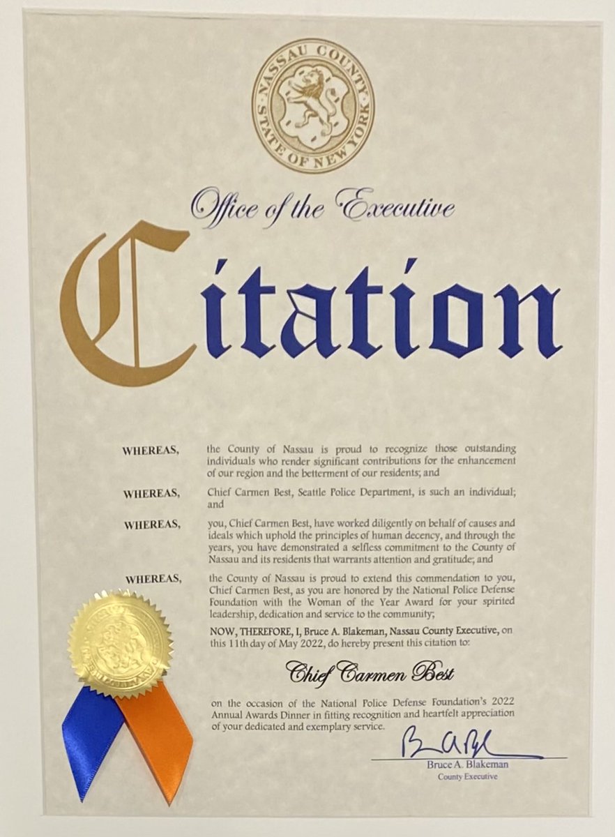 Chief Carmen Best (Ret.) (@carmenbest) on Twitter photo This wonderful citation was delivered from the Nassau County Executive, Bruce A.Blakeman <a href="/NassauExec/">Bruce Blakeman</a> for receiving the “Woman of the Year Award” from the National Police Defense Foundation <a href="/policedefense/">NationalPoliceDefens</a> earlier this year in New York City. This wonderful citation was delivered from the Nassau County Executive, Bruce A.Blakeman <a href="/NassauExec/">Bruce Blakeman</a> for receiving the “Woman of the Year Award” from the National Police Defense Foundation <a href="/policedefense/">NationalPoliceDefens</a> earlier this year in New York City.