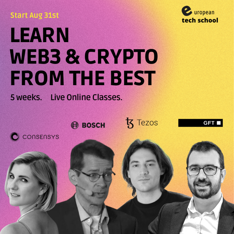 EuroTechSchool's tweet photo. Kick-start your career in #web3 &amp; #crypto with our 5-week intensive program.

Online live classes, case studies with founders​, self-paced materials...

Next cohort starts on Aug 31, 2022
